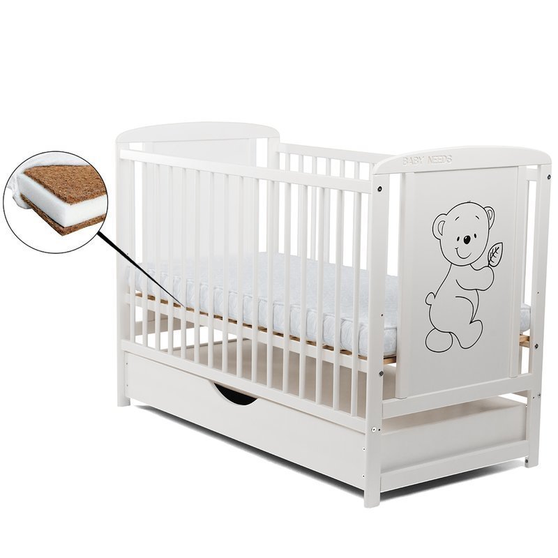 BabyNeeds Patut din lemn Timmi 120x60 cm cu sertar Alb Saltea 12 cm