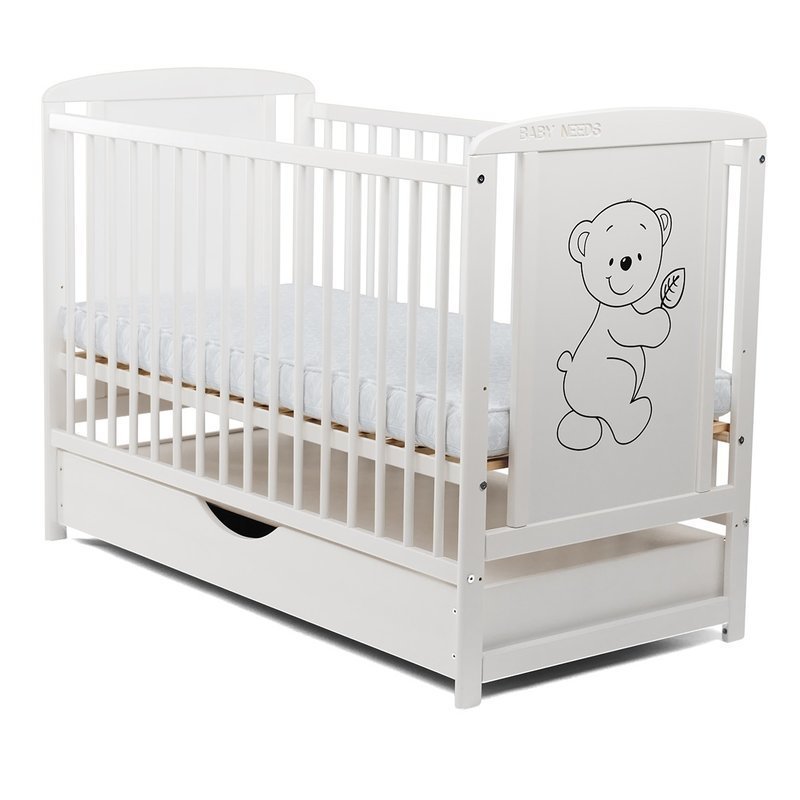 BabyNeeds Patut din lemn Timmi 120x60 cm cu sertar Alb Saltea 12 cm