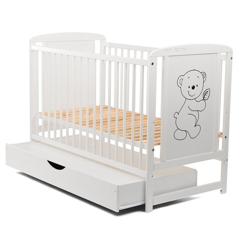 BabyNeeds Patut din lemn Timmi 120x60 cm cu sertar Alb Saltea 12 cm