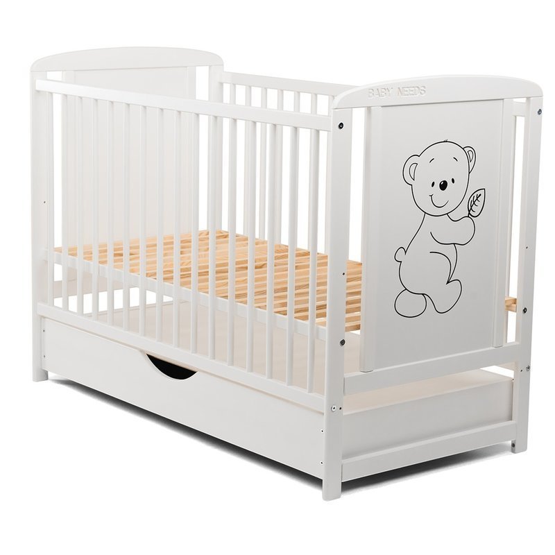 BabyNeeds Patut din lemn Timmi 120x60 cm cu sertar Alb Saltea 12 cm