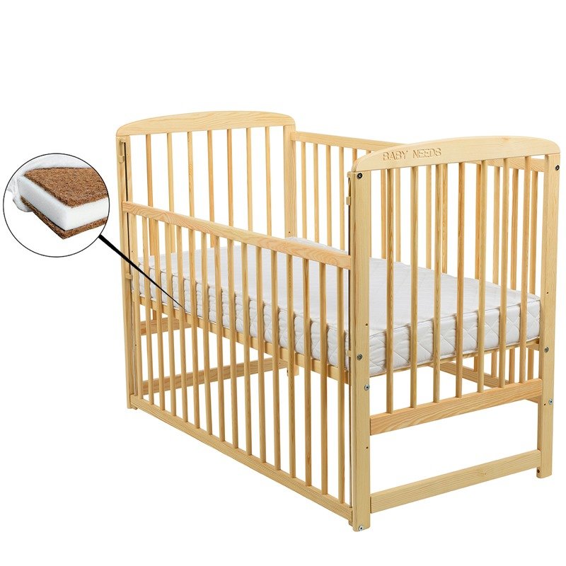 BabyNeeds Patut din lemn Ola 120x60 cm cu laterala culisanta Natur cu Saltea 10 cm