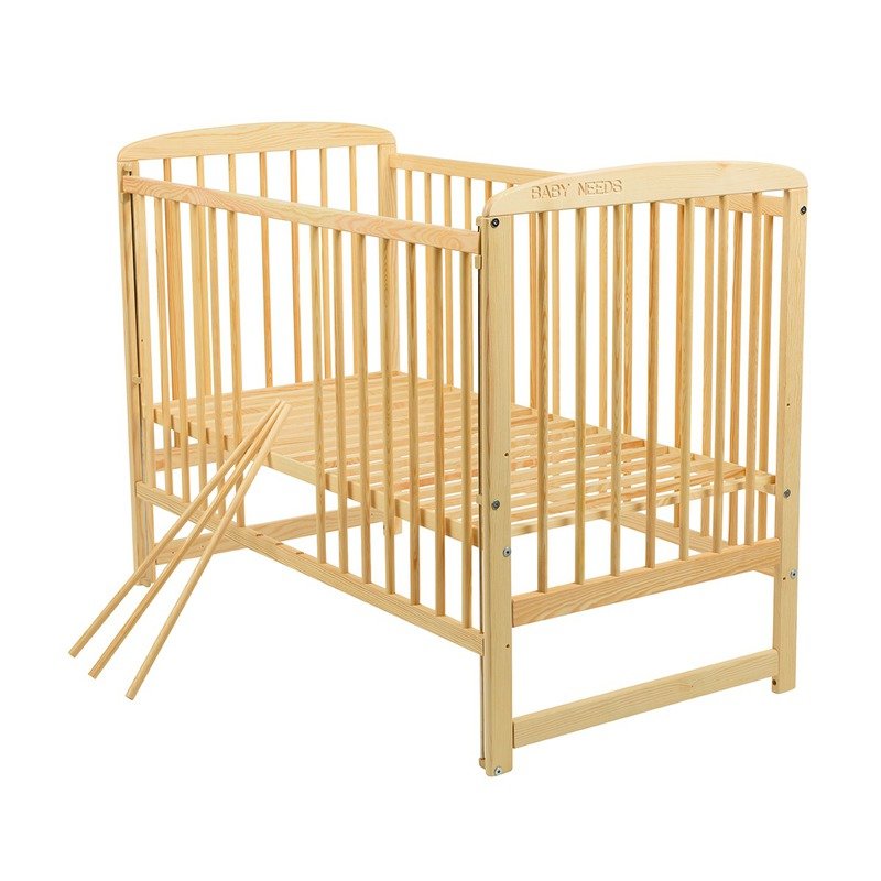 BabyNeeds Patut din lemn Ola 120x60 cm cu laterala culisanta Natur cu Saltea 10 cm
