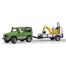Masina de teren Land Rover Defender cu remorca si micro excavator JCB cu muncitor Bruder