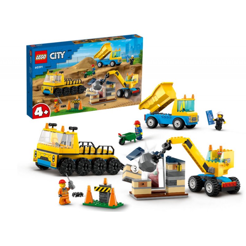Camioane de constructie si macara cu bila pentru demolari LEGO City 60391