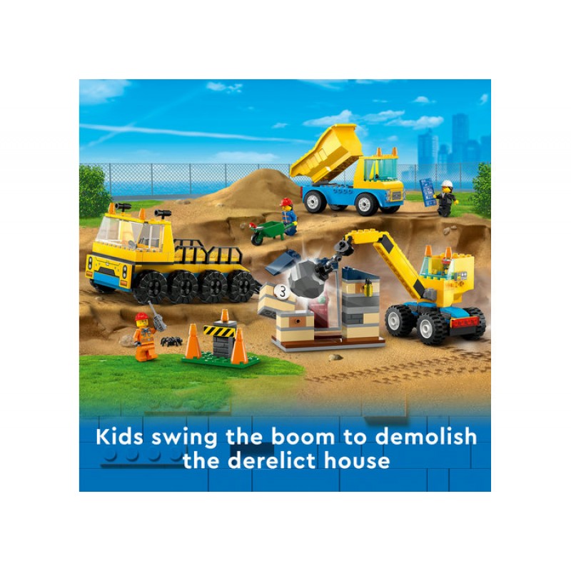 Camioane de constructie si macara cu bila pentru demolari LEGO City 60391