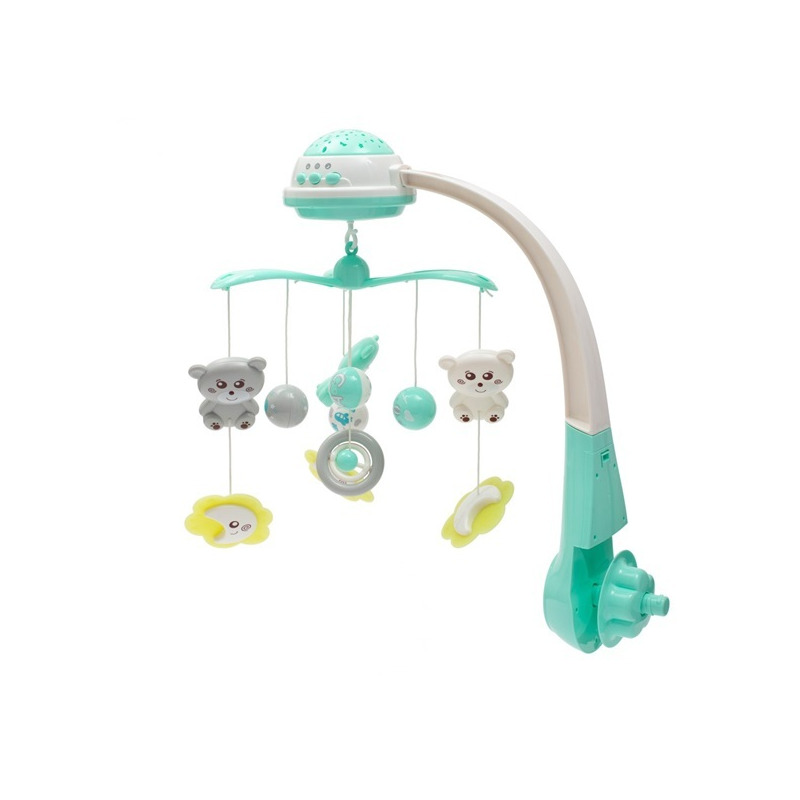 Carusel muzical pentru patut bebelusi Cu proiectii Cu melodii si sunete ale naturii Cu 10 jucarii si ceas de jucarie pe suport Baby Mix Mint