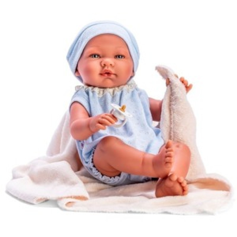 Bebelus Pablo cu Costumas Albastru si Paturica Bej 43cm AS0367011