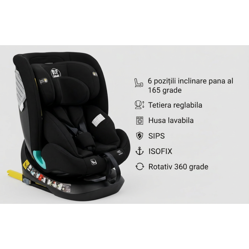 Scaun auto rotativ 360° BUF BOOF® Saphir DELUXE i-Size ISOFIX, poziție somn 165°, R129, 40–150 cm (0–36 kg)