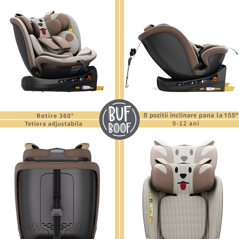 BUF BOOF® B-Joy DELUXE i-Size 40–150 cm Scaun Auto Copii, ISOFIX, Rotativ 360°, Reclinare 155°, Poziție Somn, BrownDOG
