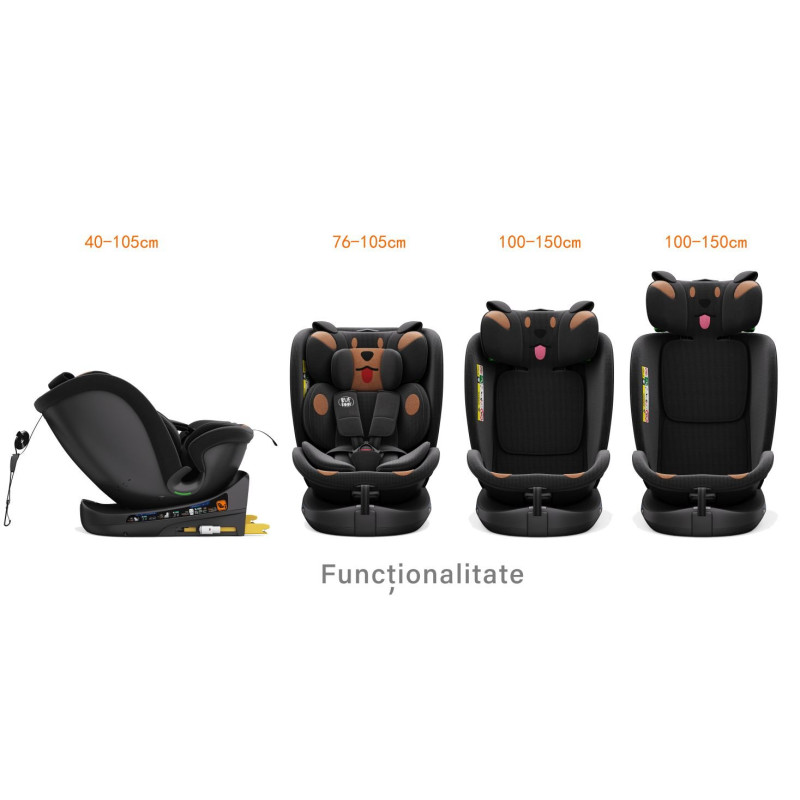 BUF BOOF® B-Joy DELUXE i-Size 40–150 cm Scaun Auto Copii, ISOFIX, Rotativ 360°, Reclinare 155°, Poziție Somn, BlackDOG
