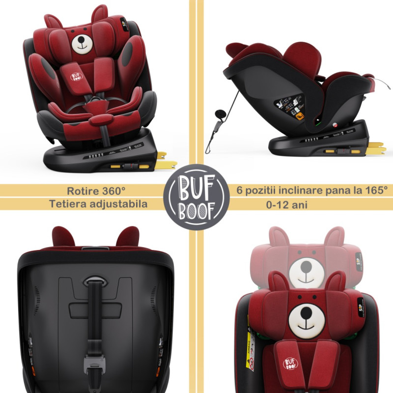 BUF BOOF® Scaun Auto P100 i-Size R129 Rotativ 360° ISOFIX 40–150 cm (0–36 kg) UrsRed
