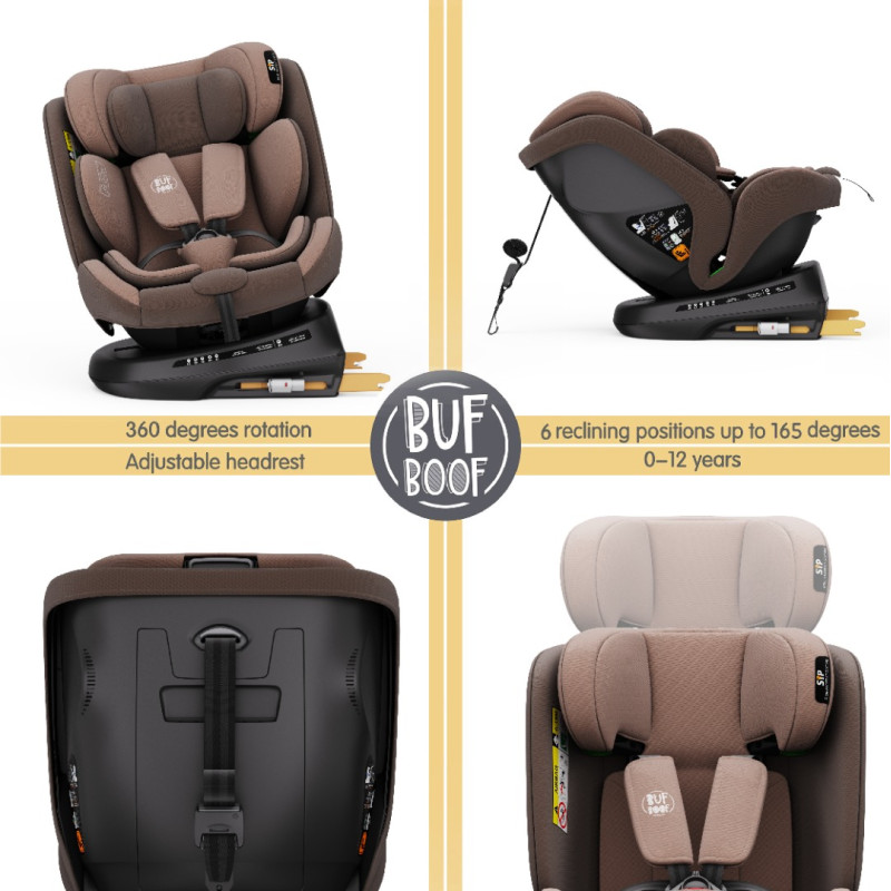 BUF BOOF® Scaun Auto P100 i-Size R129 Rotativ 360° ISOFIX 40–150 cm (0–36 kg) Coffee