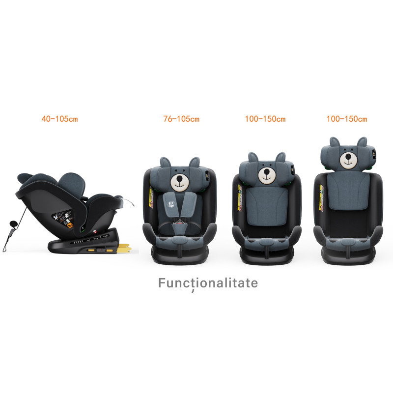 BUF BOOF® Scaun Auto P100 i-Size R129 Rotativ 360° ISOFIX 40–150 cm (0–36 kg) UrsBlack