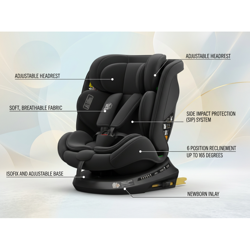 BUF BOOF® Scaun Auto P100 i-Size R129 Rotativ 360° ISOFIX 40–150 cm (0–36 kg) BlackJeans