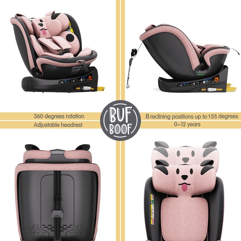 BUF BOOF® B-Joy DELUXE i-Size 40–150 cm Scaun Auto Copii, ISOFIX, Rotativ 360°, Reclinare 155°, Poziție Somn, PinkDOG