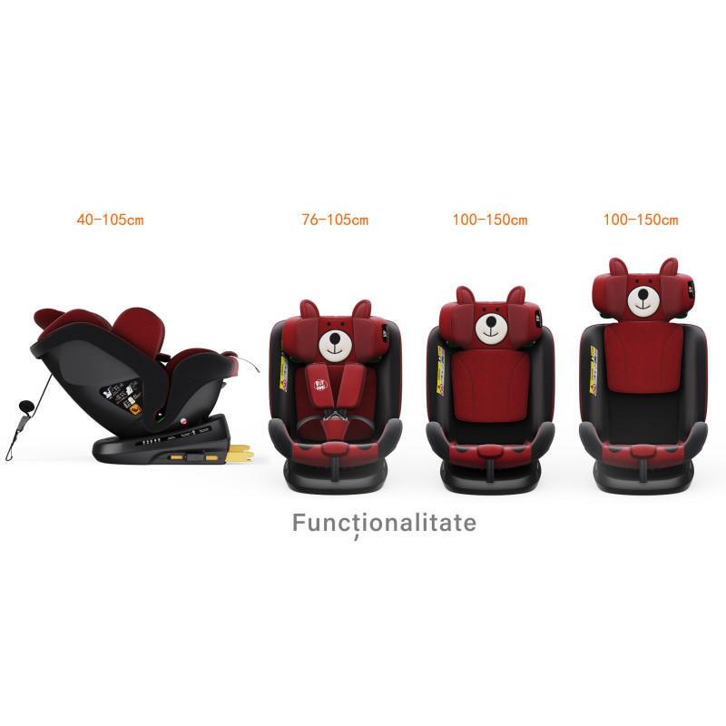 BUF BOOF® Scaun Auto P100 i-Size R129 Rotativ 360° ISOFIX 40–150 cm (0–36 kg) UrsRed