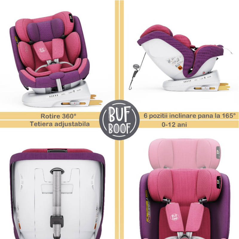 BUF BOOF® Scaun Auto P100 i-Size R129 Rotativ 360° ISOFIX 40–150 cm (0–36 kg) UnicornPink