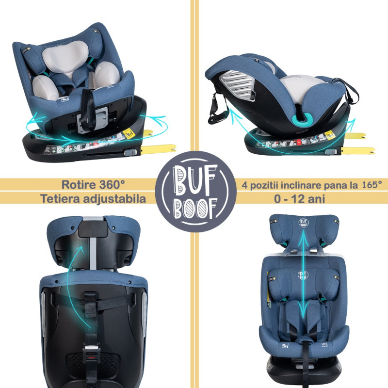 Scaun Auto Saphir DELUXE BUF BOOF iSIZE Blue cu Isofix pozitie somn 165 grade rotativ 360 grade 40-150 cm