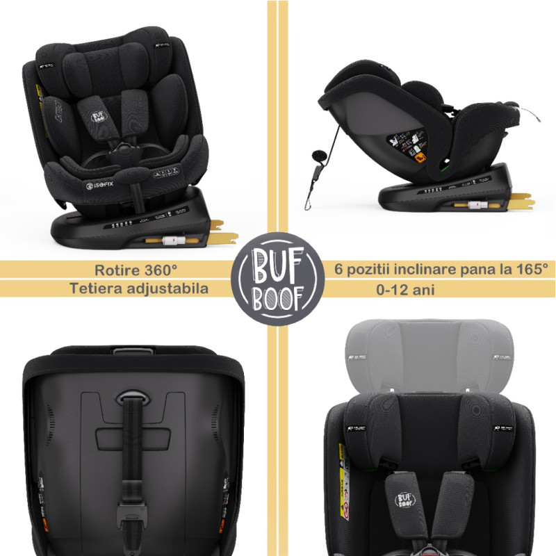 BUF BOOF® Scaun Auto P100 i-Size R129 Rotativ 360° ISOFIX 40–150 cm (0–36 kg) BlackJeans