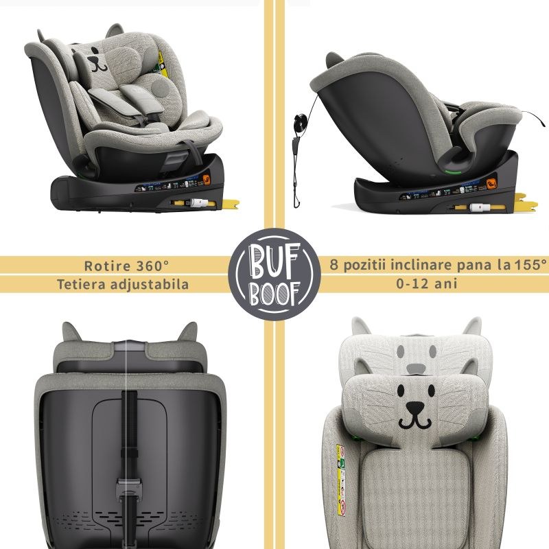 BUF BOOF® B-Joy DELUXE i-Size 40–150 cm Scaun Auto Copii, ISOFIX, Rotativ 360°, Reclinare 155°, Poziție Somn, LightGreyCAT