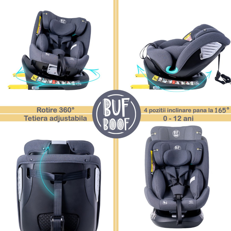 Scaun Auto Saphir DELUXE BUF BOOF iSIZE Grey cu Isofix pozitie somn 165 grade rotativ 360 grade 40-150 cm