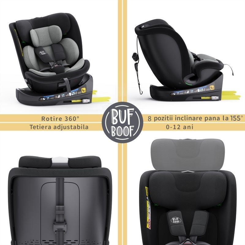 Scaun Auto B-Joy DELUXE BUF BOOF iSIZE Grey cu Isofix pozitie somn 155 grade rotativ 360 grade 40-150 cm