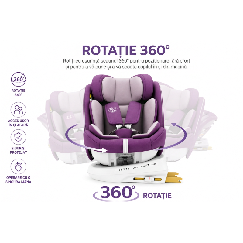 Scaun Auto P100 BUF BOOF iSIZE Purple cu Isofix rotativ 360 grade 40-150 cm