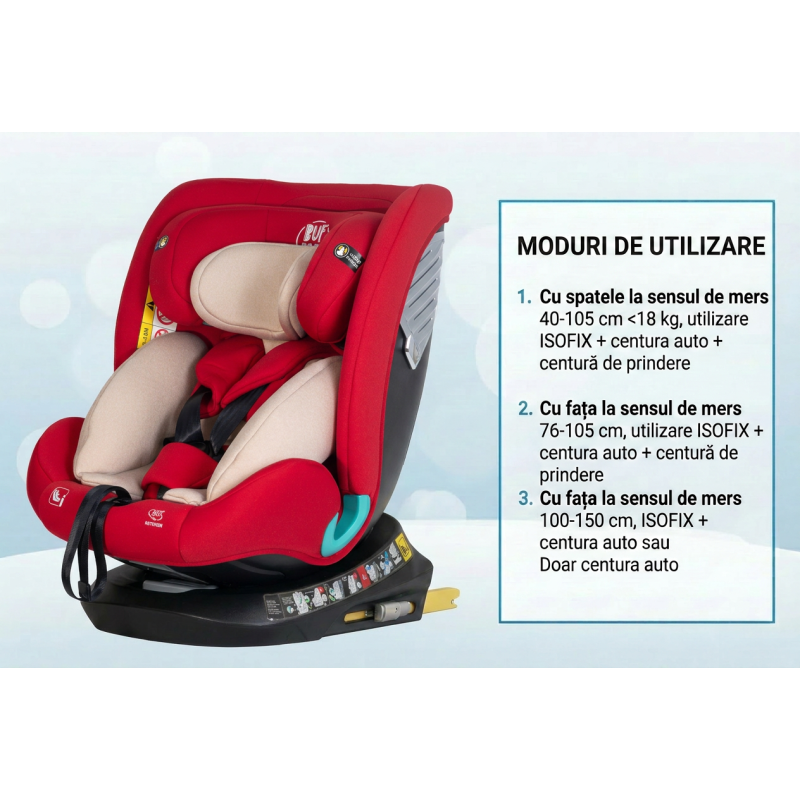 Scaun Auto Saphir DELUXE BUF BOOF iSIZE Red cu Isofix pozitie somn 165 grade rotativ 360 grade 40-150 cm