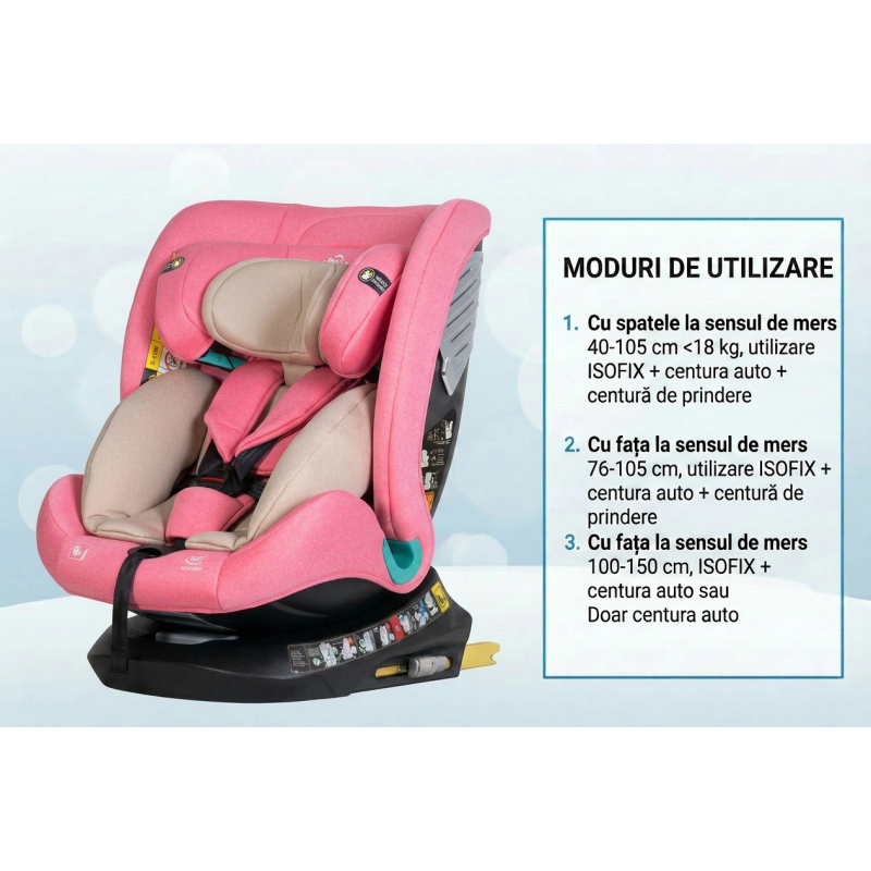 Scaun Auto Saphir DELUXE BUF BOOF iSIZE UnicornPink cu Isofix pozitie somn 165 grade rotativ 360 grade 40-150 cm