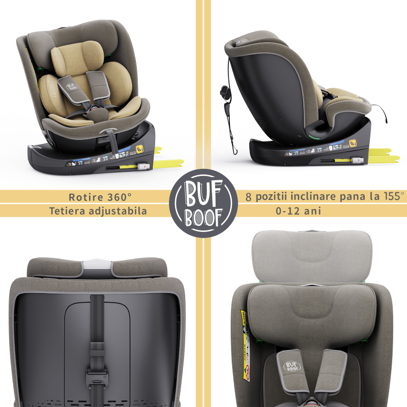 Scaun Auto B-Joy DELUXE BUF BOOF iSIZE LightBrown cu Isofix pozitie somn 155 grade rotativ 360 grade 40-150 cm