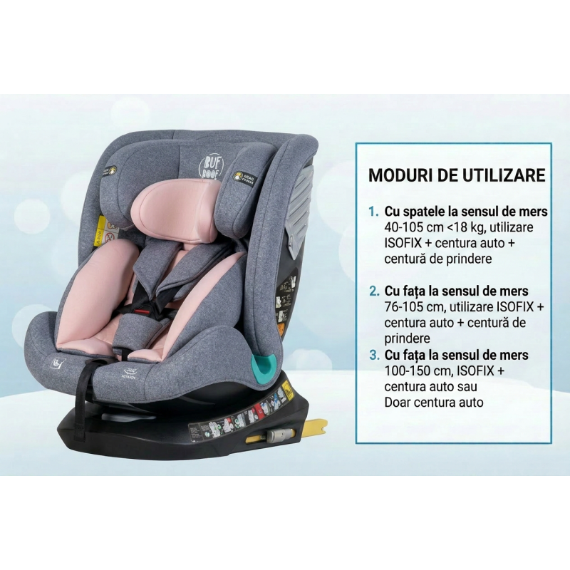 Scaun Auto Saphir DELUXE BUF BOOF iSIZE Pink cu Isofix pozitie somn 165 grade rotativ 360 grade 40-150 cm