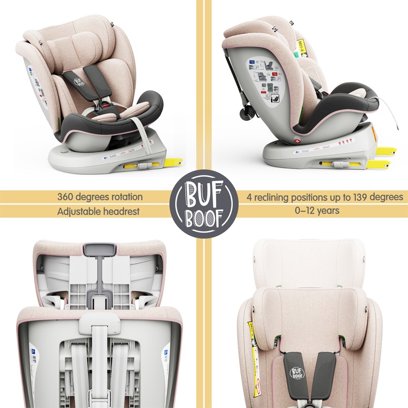 Scaun auto TWT Plus iSize Buf Boof LightPink cu isofix Rotativ 360 grade Pozitie Somn Top Tether 0-36 kg 40-150 cm