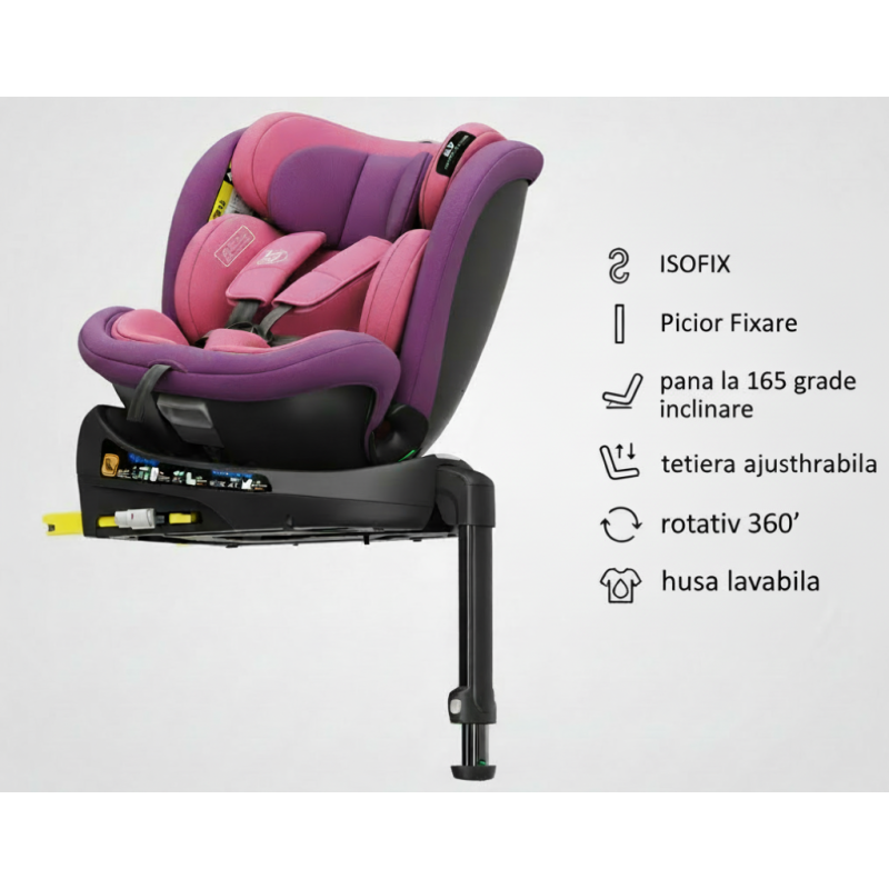 Scaun auto N17 Fix iSize BUF BOOF® ISOFIX Rotativ 360 Picior Fixare Pozitie Somn 165 grade 40-150 cm UnicornPink