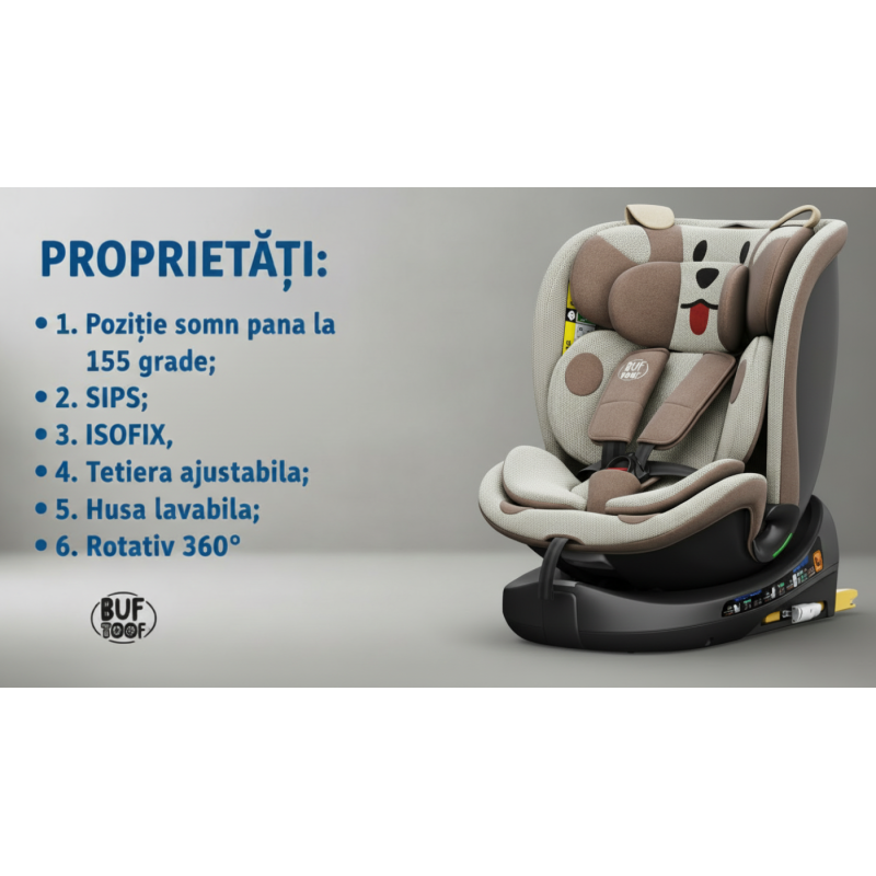 BUF BOOF® B-Joy DELUXE i-Size 40–150 cm Scaun Auto Copii, ISOFIX, Rotativ 360°, Reclinare 155°, Poziție Somn, BrownDOG