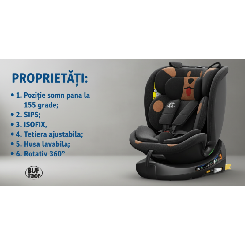 BUF BOOF® B-Joy DELUXE i-Size 40–150 cm Scaun Auto Copii, ISOFIX, Rotativ 360°, Reclinare 155°, Poziție Somn, BlackDOG