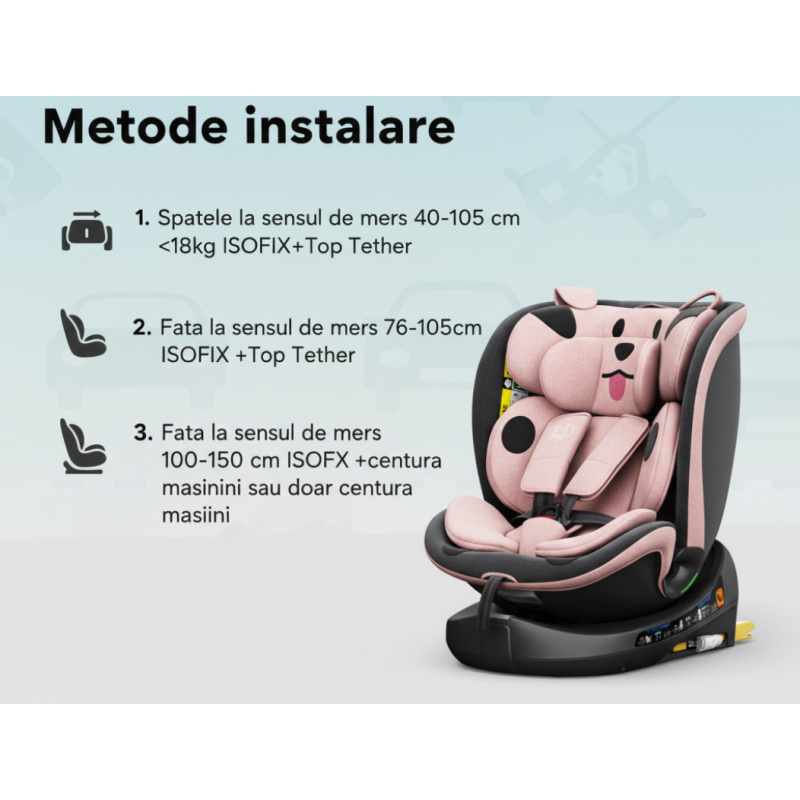 BUF BOOF® B-Joy DELUXE i-Size 40–150 cm Scaun Auto Copii, ISOFIX, Rotativ 360°, Reclinare 155°, Poziție Somn, PinkDOG
