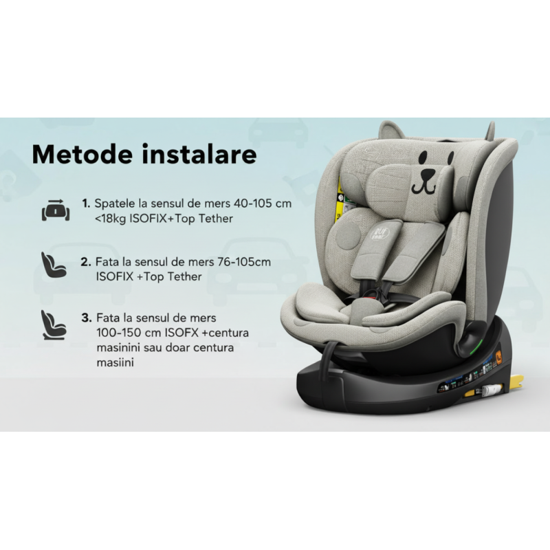 BUF BOOF® B-Joy DELUXE i-Size 40–150 cm Scaun Auto Copii, ISOFIX, Rotativ 360°, Reclinare 155°, Poziție Somn, LightGreyCAT
