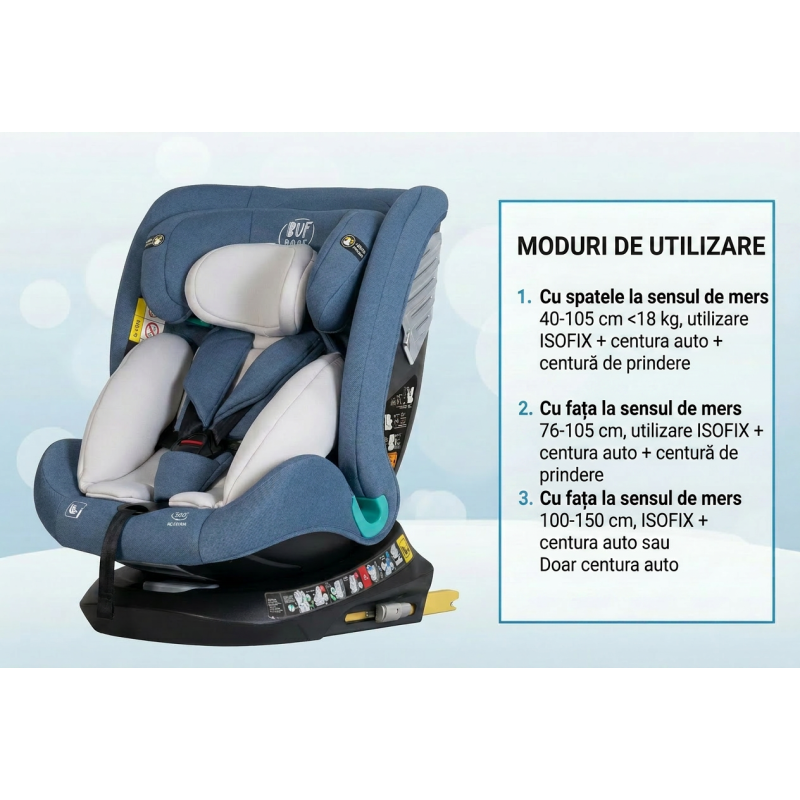 Scaun Auto Saphir DELUXE BUF BOOF iSIZE Blue cu Isofix pozitie somn 165 grade rotativ 360 grade 40-150 cm