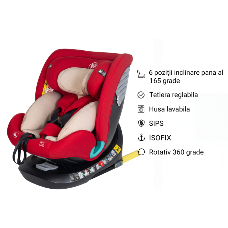 Scaun Auto Saphir DELUXE BUF BOOF iSIZE Red cu Isofix pozitie somn 165 grade rotativ 360 grade 40-150 cm