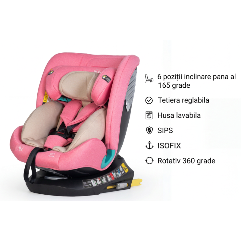 Scaun Auto Saphir DELUXE BUF BOOF iSIZE UnicornPink cu Isofix pozitie somn 165 grade rotativ 360 grade 40-150 cm