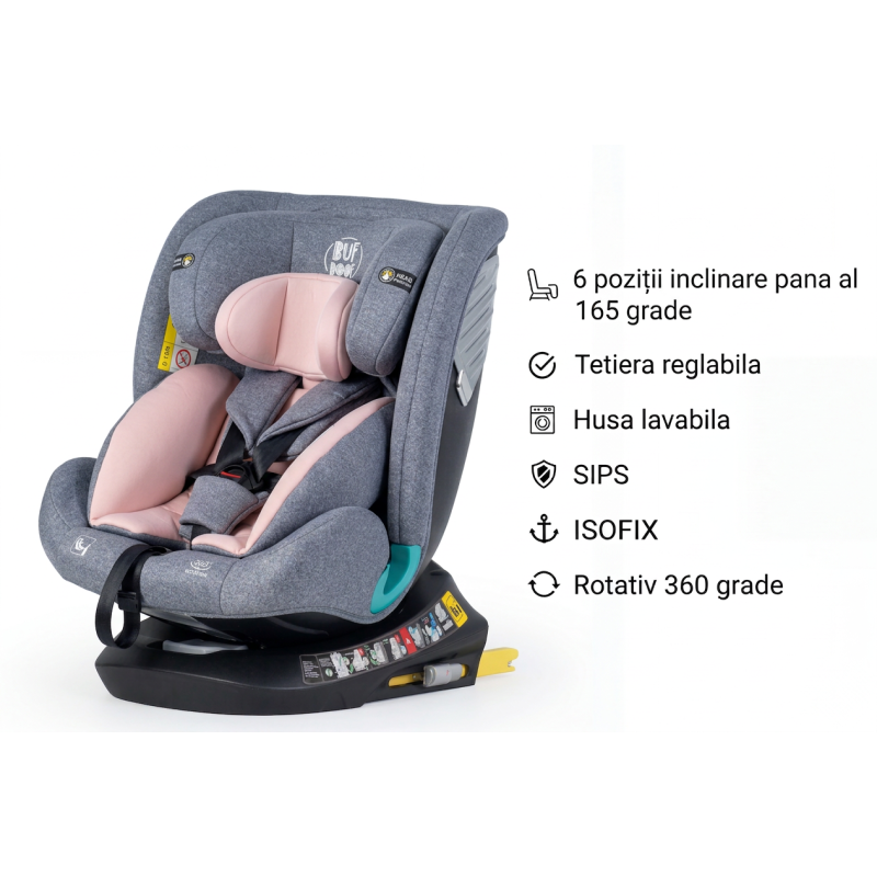 Scaun Auto Saphir DELUXE BUF BOOF iSIZE Pink cu Isofix pozitie somn 165 grade rotativ 360 grade 40-150 cm