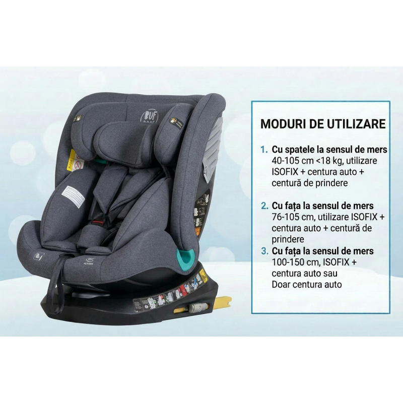 Scaun Auto Saphir DELUXE BUF BOOF iSIZE Grey cu Isofix pozitie somn 165 grade rotativ 360 grade 40-150 cm
