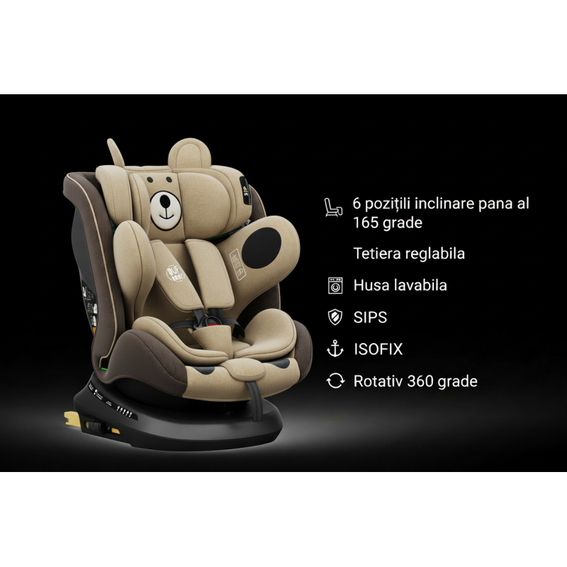 BUF BOOF® Scaun Auto P100 i-Size R129 Rotativ 360° ISOFIX 40–150 cm (0–36 kg) UrsCoffee
