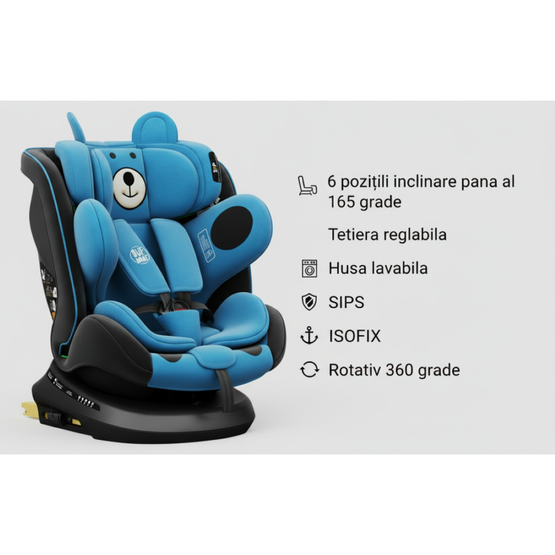 BUF BOOF® Scaun Auto P100 i-Size R129 Rotativ 360° ISOFIX 40–150 cm (0–36 kg) UrsBlue