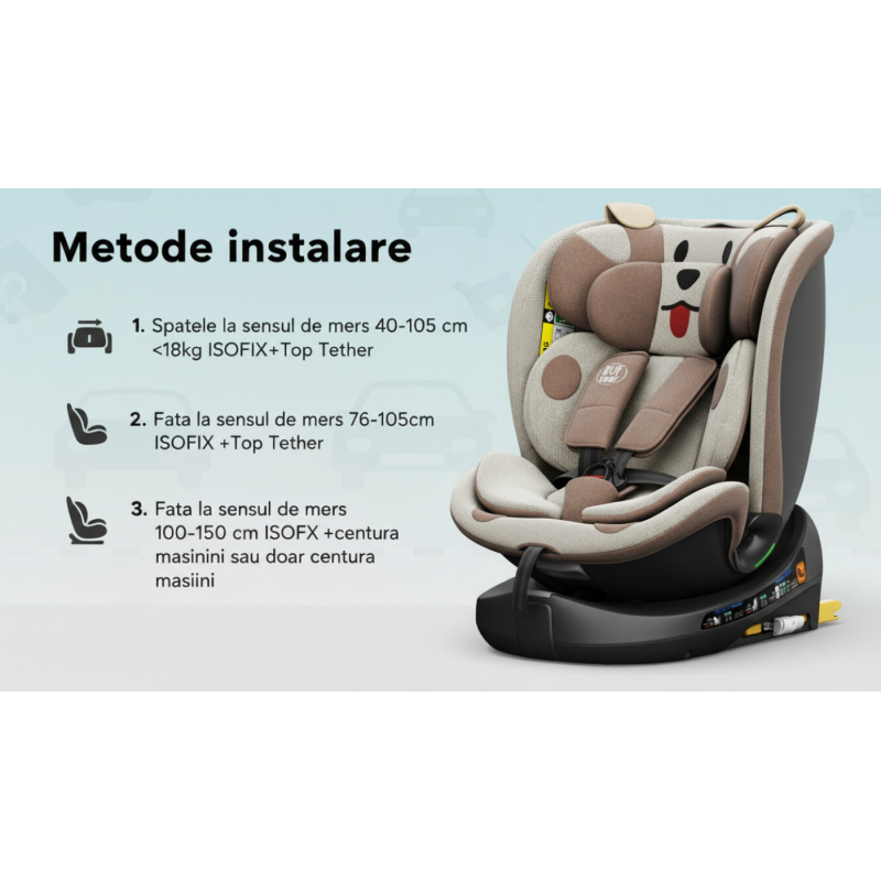 BUF BOOF® B-Joy DELUXE i-Size 40–150 cm Scaun Auto Copii, ISOFIX, Rotativ 360°, Reclinare 155°, Poziție Somn, BrownDOG