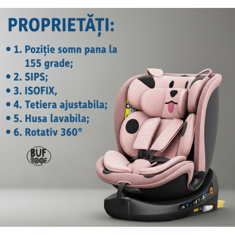 BUF BOOF® B-Joy DELUXE i-Size 40–150 cm Scaun Auto Copii, ISOFIX, Rotativ 360°, Reclinare 155°, Poziție Somn, PinkDOG