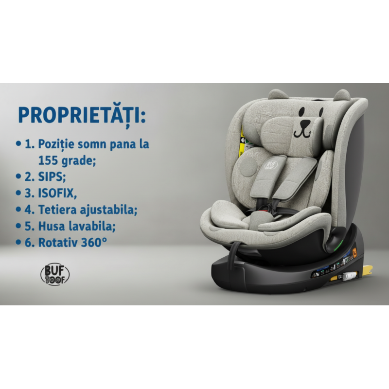 BUF BOOF® B-Joy DELUXE i-Size 40–150 cm Scaun Auto Copii, ISOFIX, Rotativ 360°, Reclinare 155°, Poziție Somn, LightGreyCAT