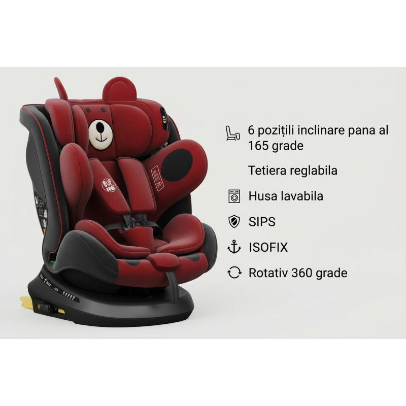 BUF BOOF® Scaun Auto P100 i-Size R129 Rotativ 360° ISOFIX 40–150 cm (0–36 kg) UrsRed