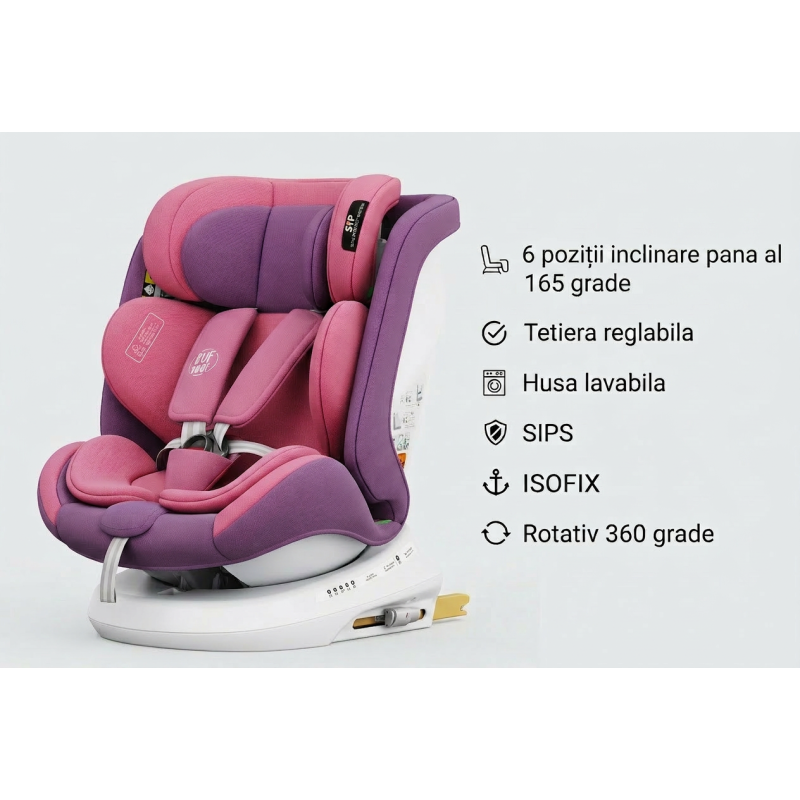 BUF BOOF® Scaun Auto P100 i-Size R129 Rotativ 360° ISOFIX 40–150 cm (0–36 kg) UnicornPink