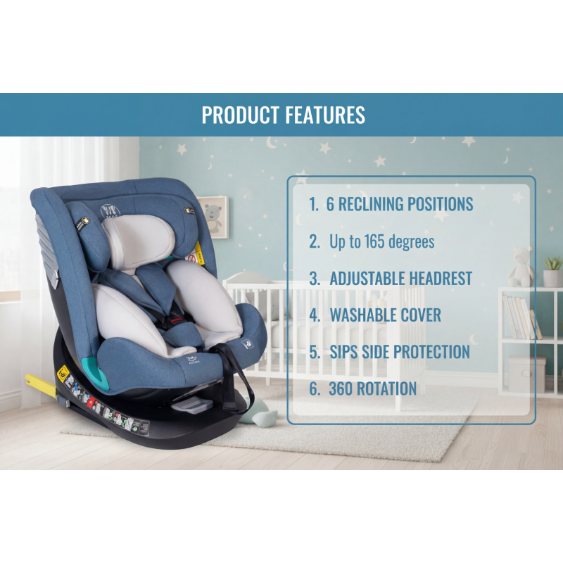Scaun Auto Saphir DELUXE BUF BOOF iSIZE Blue cu Isofix pozitie somn 165 grade rotativ 360 grade 40-150 cm